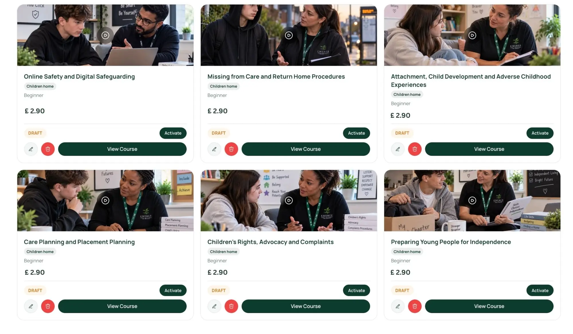 Emerge Learning Portal — Courses page